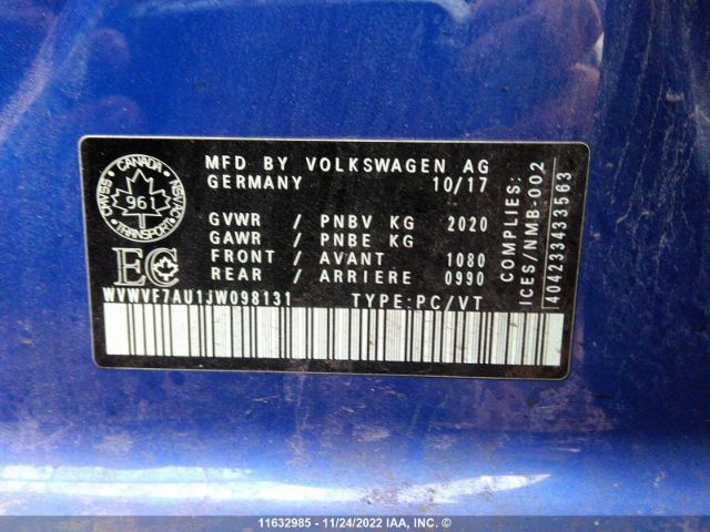 2018 Volkswagen Golf WVWVF7AU1JW098131